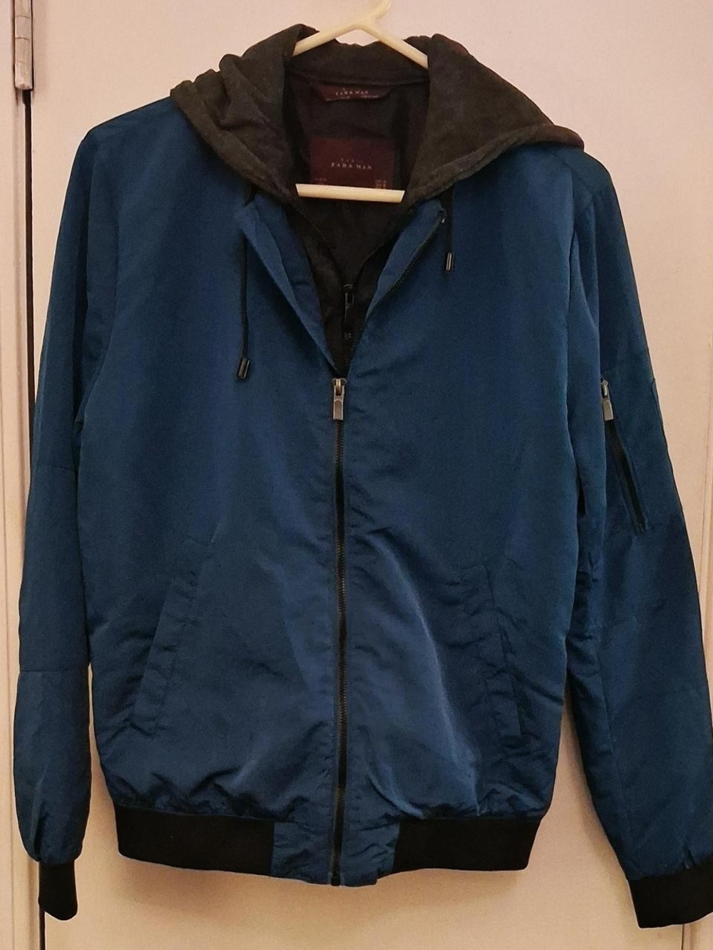 Zara Men's Blue Hooded Bomber Jacket with Black Hood & Trim